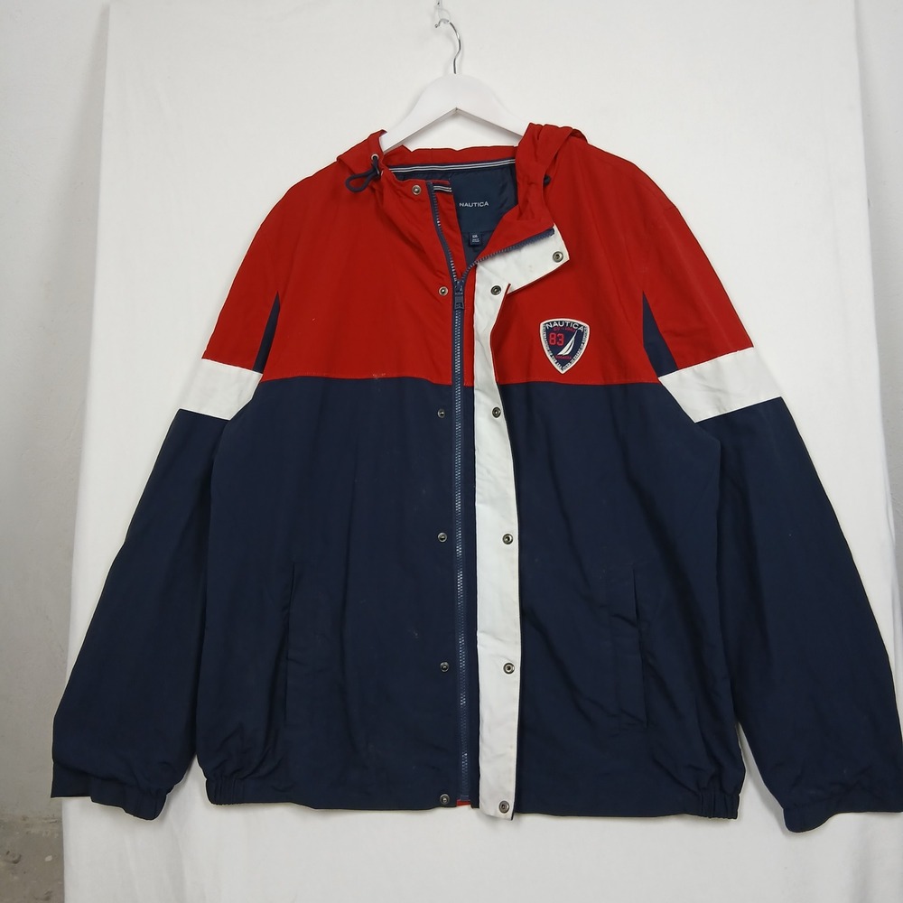 Nautica Mens Colorblock Windbreaker Jacket Red Navy Blue Hooded XL